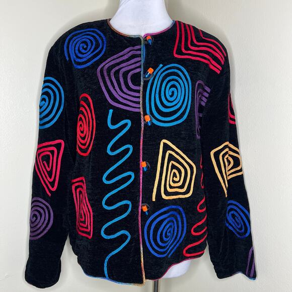 90s Julia Kim Jacket Large Retro Artsy Wearable Art To Wear Chenille Toggle Vtg - Picture 1 of 7